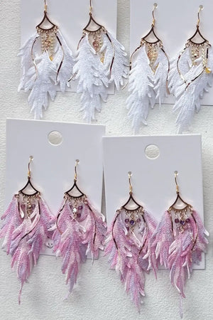 white and pink feather earrings