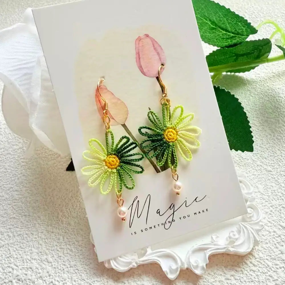 minimalist green daisy drop earrings
