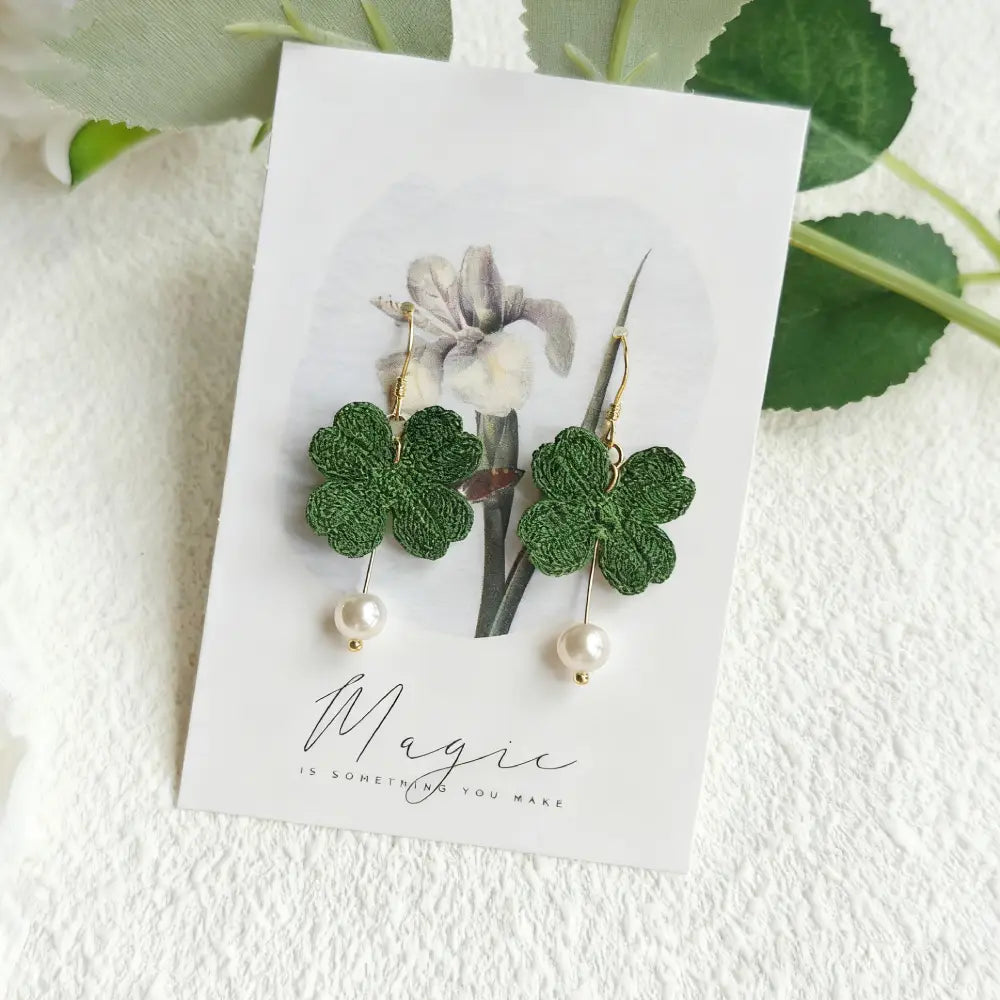 Green Four Leaf Clover Earrings with Pearl