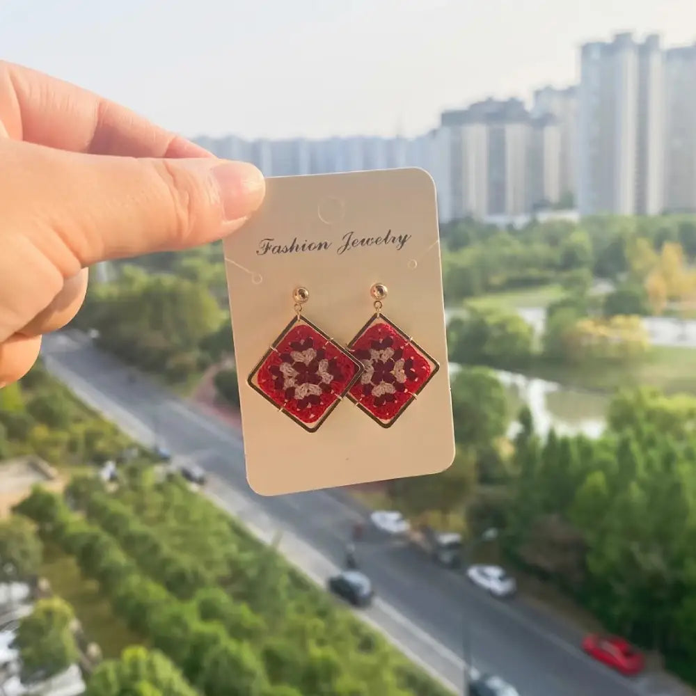 red granny square earrings