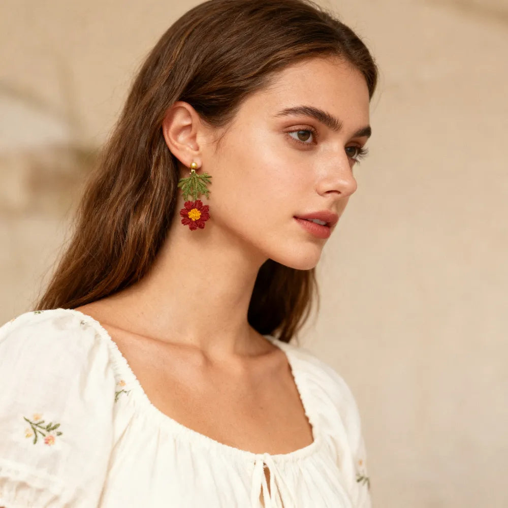 red flower drop arrings